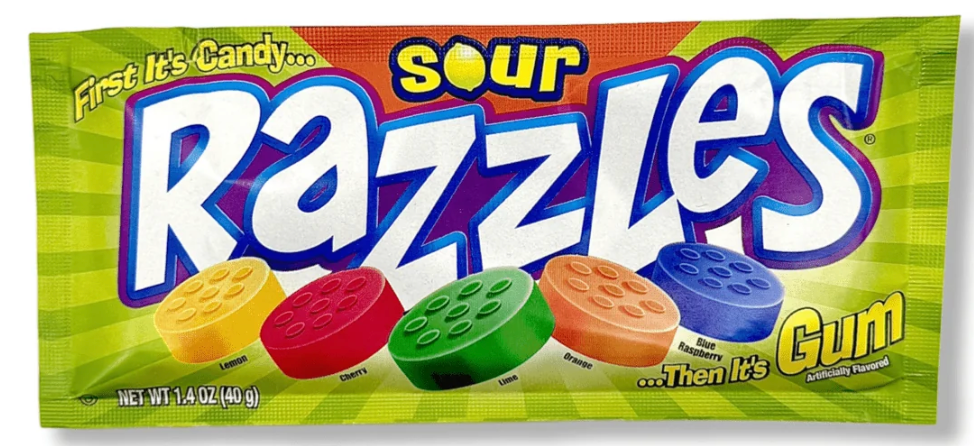 Sour Razzles : First It's Candy.... Then It's Gum!